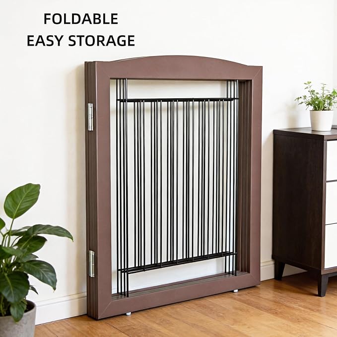 Dog Fence Indoor,Dog Gate Indoor for Doorway pet gate -3-Panel Freestanding, Hallways, House or Stairs -60x24-Inch Retractable Foldable Expandable Wood Pet by SFJC (Brown) ﻿