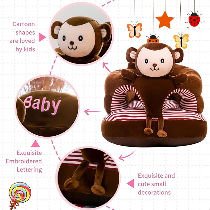 Baby Support Seat, Cute Baby Sofa Chair for Sitting Up, Comfy Plush Infant Seats (Monkey,W17.5 x H17.5)