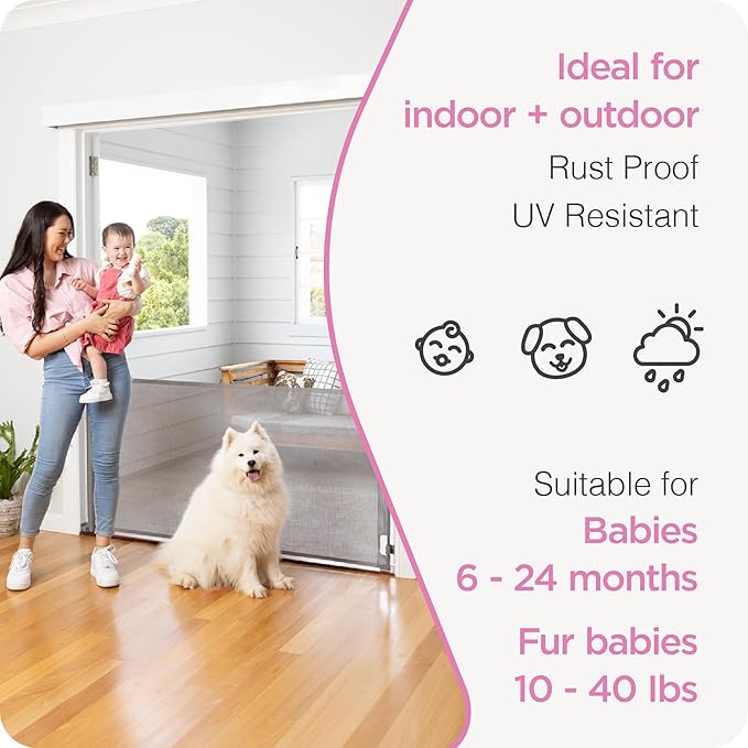 Retractable Baby Gate Perma Child Safety 33" Tall x 71??Wide, Mesh, for Stairs, Doorways, Dogs, Pets, Indoor, Outdoor, One-Handed Operation, Locking, Easy Install, Hardware Mount, Gray