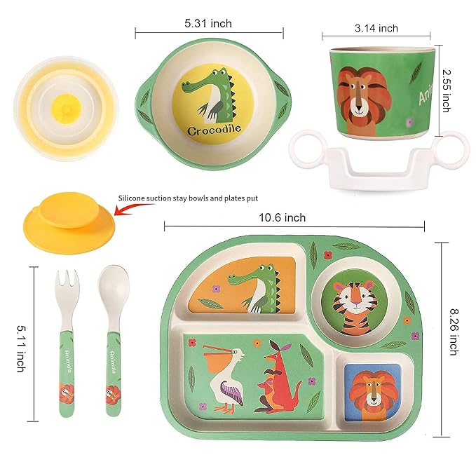 shopwithgreen 7Pcs/Set Bamboo Kids Dinnerware Set - Children Dishes - Food Plate Bowl Cup Spoon Fork Set Dishware, Cartoon Tableware, Dishwasher Safe Kids Healthy Mealtime, BPA Free