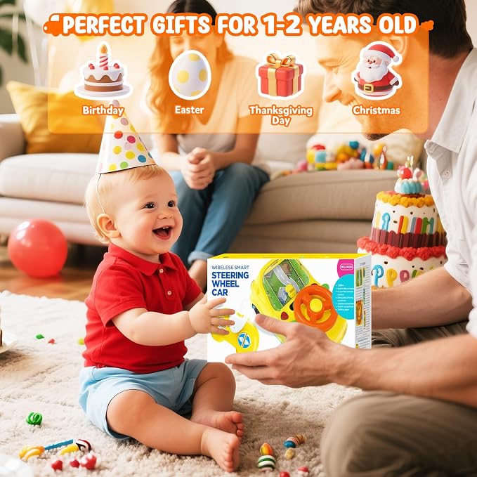 Toys for 1 Year Old Boy Gifts - 2-in-1 Toddler Push Car & Musical Racing Adventure Steering Wheel Driving Game, Interactive Simulated Driving Car for Baby 12-18 Months, Birthday Gift Ages 1-2, Yellow