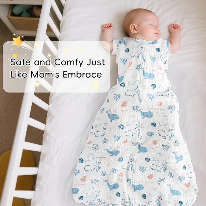 david's kids Muslin Cotton Baby Sleep Sack 18-24 Months, 2 Pack 100% Cotton Sleeping Bag for Summer, TOG 0.5 Baby Wearable Blankets with 2-Way Zipper, Soft Sleep Sacks for Newborn Infant, Whale