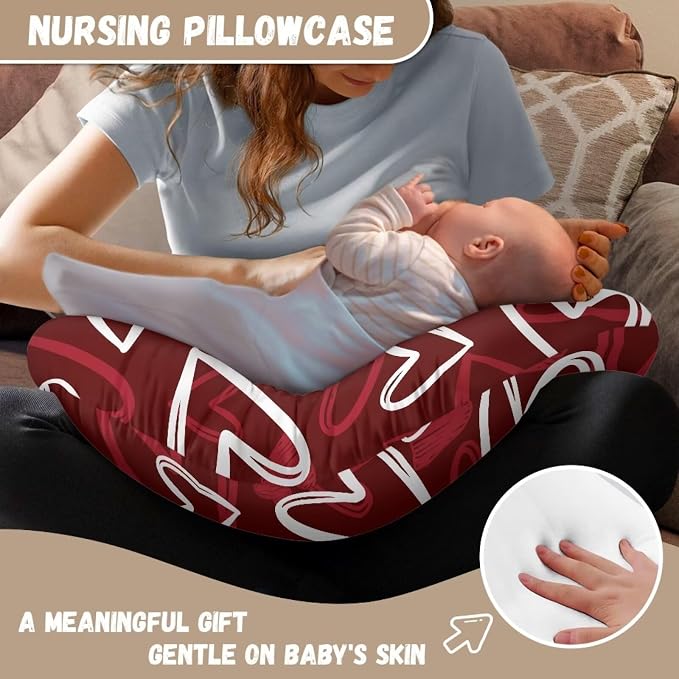 Baby Nursing Pillow Cover, Ultra Soft Nursing Cover Compatible with Pillow,Washable & Breathable Nursing Slipcover，Fits The Original Support for Breastfeeding,Red Love Print(Cover Only)