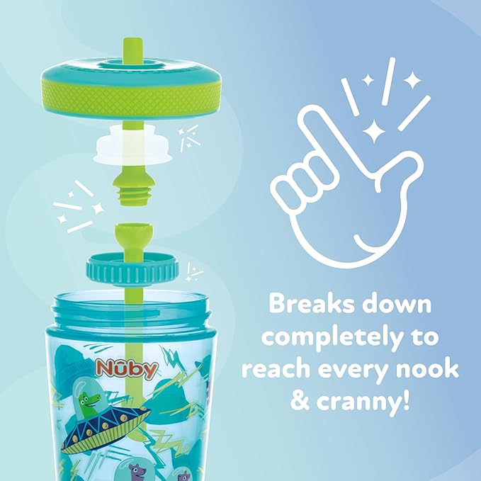 Nuby Thirsty Kids Super Sipper No-Spill Toddler Cup with 360° Silicone Valve & Swivel Straw - (2 Pack) 14 oz - Leak-Resistant with Easy Clean Design - Animals & Space