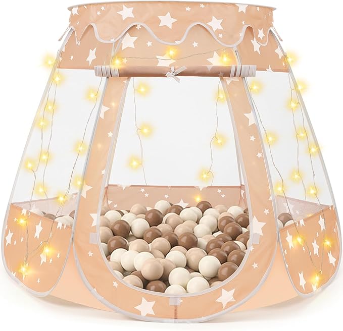 Crayline Pop Up Princess Tent with Star Light, Toys for 1 2 3 Year Old Girl Birthday Gift, Ball Pit for 12-18 Months Baby Girl Gifts Toddler Toys, Easy to Pop Up and Assemble(Brown)