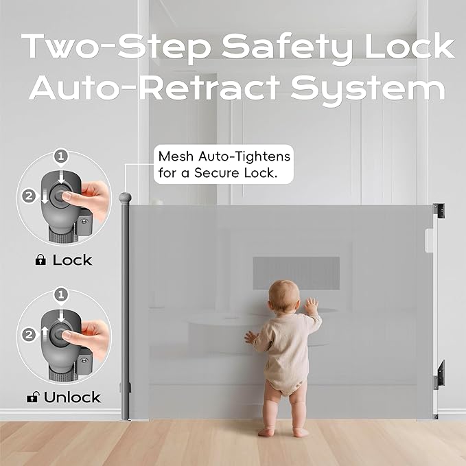 Retractable Baby Gate 38" Tall, 71" Wide Mesh Baby Gate for Doorways, Mesh Dog Gate Retractable with Auto-Tighten System, One-Hand Operation Indoor Pet Gate, White