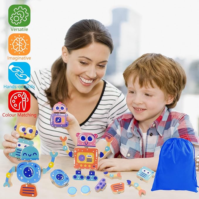 Robots Wooden Snap-Together Building Toys – 28-Piece STEM Montessori Educational Blocks for Toddlers Ages 3–6 | Fine Motor Skills Development | Safe, Durable, Creative Robot Toys Gift for Kids