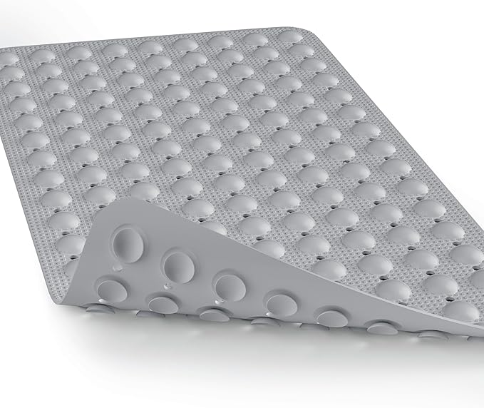 Bath Mat for Tub Shower Mat Non Slip Kids Rubber Shower Tub Mat, 100% Natural Rubber no Plastic Odors Perfect for Baby and Elder, Strong Suction Cups, Textured Mat Surface, 28 X 16 inches, Grey