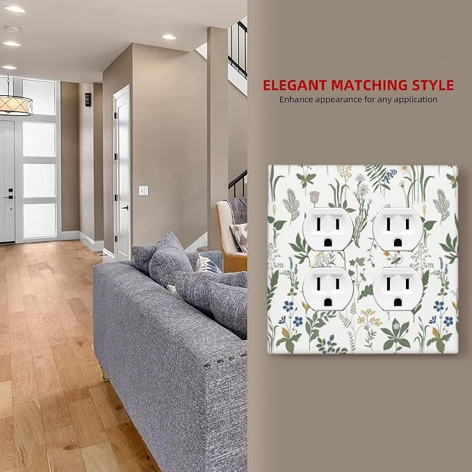Outlet Covers Floral Green Leaf Plant Flowes 2 Gang Double Duplex Decorative Light Switch Covers Electrical Wallplates Socket Faceplate For Bed Room Farmhouse Decor