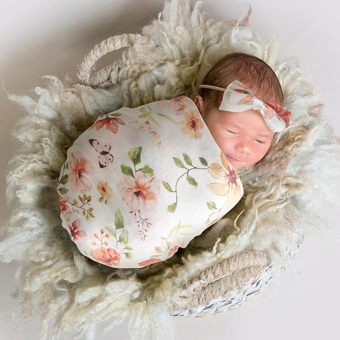 LifeTree Baby Muslin Swaddle Blankets for Boys & Girls, Newborn Swaddle Set with Matching Headband Bow, Infant Blanket Wrap, 47 x 47 inches, Butterfly Floral, 70% Viscose from Bamboo and 30% Cotton