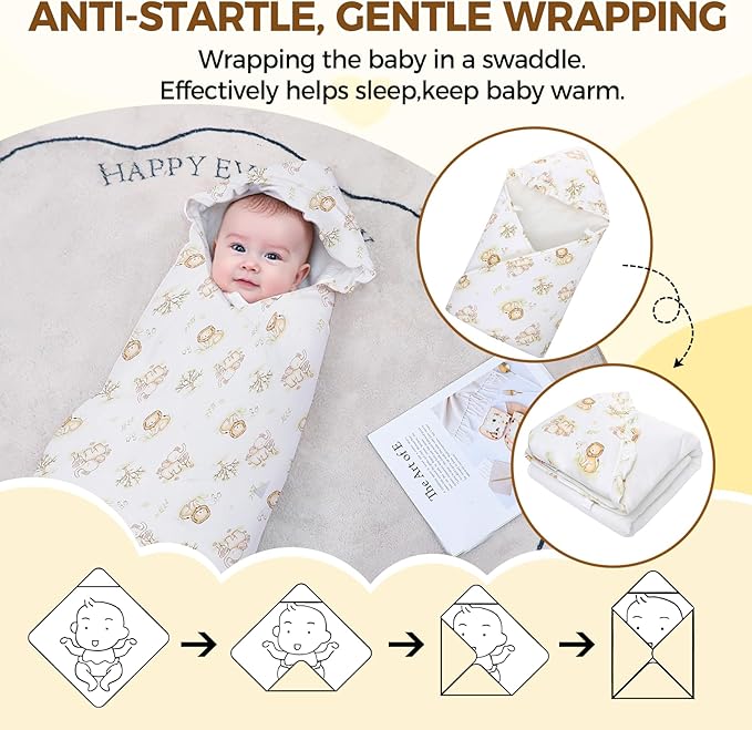 LAT LEE AND TOWN Winter Baby Car Seat Blanket for Newborn,35"x35"Universal Baby Wrap Blanket with Ruffle Hood,Winter Thickening Double Sided Cotton for Infants,Blankets for Stroller(Lion Elephant)