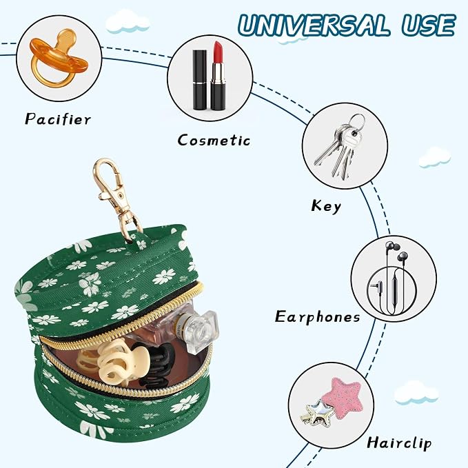 Pacifier Holder with Clip Pacifier Case for Diaper Bag Round Baby Pacifier Pouch Box Bag Portable Cute Deep Green Clover