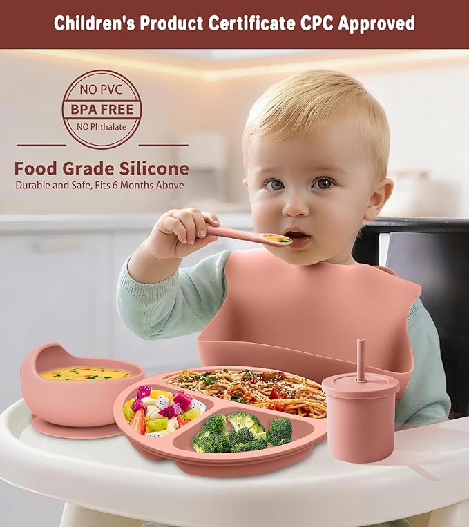 ECLIP Silicone Baby Feeding Set, 10 Pcs Baby Eating Essentials with Suction Bowl Divided Plate Adjustable Bib Soft Spoon Fork Snack Cup with Lid Drinking Cup, Utensil (Brick Red)