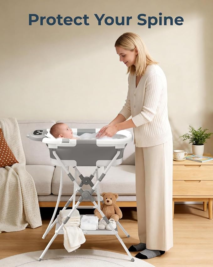 2-in-1 Baby Bath with Stand, Foldable Dinosaur Bathtub for Infant to Toddler, Portable Travel Tub with Soft Cushion for 0-18 Months, Gray