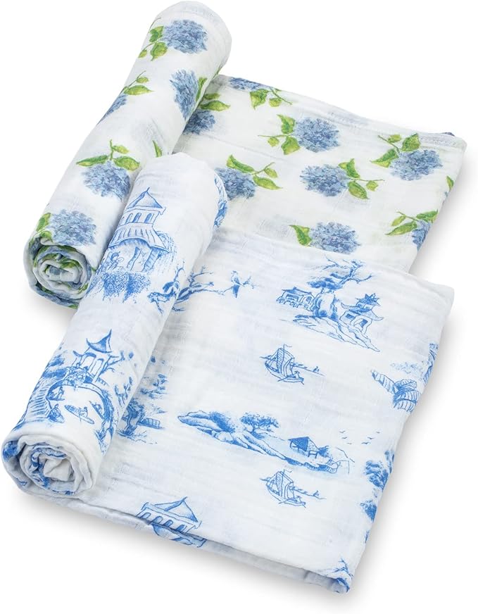 LollyBanks Swaddle Blanket for Girls, 100% Cotton Muslin Swaddle Blankets for Newborns, 47 x 47 Inches Soft and Breathable Baby Blanket, Baby Essentials, Registry (Floral and Painting 2 Pack)