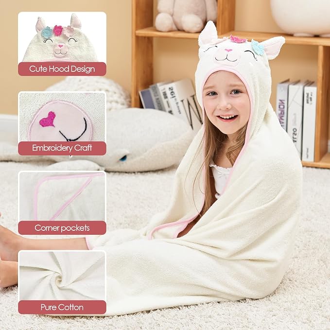 Style Quarters Baby Bath Towel - 100% Cotton Terry Soft Hooded Towel Cartoon Alpaca Baby Beach Towels Super Absorbent Large Embroidery Kids Hooded Bath Toddler Towel with 50"x30"(Milky White Alpaca)