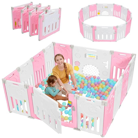 Baby Playpen, Dripex Baby Playard for Babies and Toddlers, 14-Panel Foldable Playpen Adjustable Portable Play Area, Indoor/Outdoor Kids Active Center with Game Panel & Safety Gate, Pink White