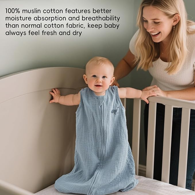 david's kids Muslin Cotton Baby Sleep Sack 18-24 Months, 2 Pack 100% Cotton Sleeping Bag for Summer, TOG 0.5 Baby Wearable Blankets with 2-Way Zipper, Soft Sleep Sacks for Newborn Infant, Whale