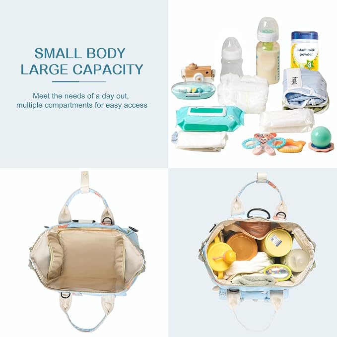 Small Diaper Bag Crossbody, Convertible Mini Diapers Backpack for Stroller, Travel, Small Mommy Daiper Tote with Insulated Pockets, Compact Baby Bag for Mom (Sky Blue Animal)