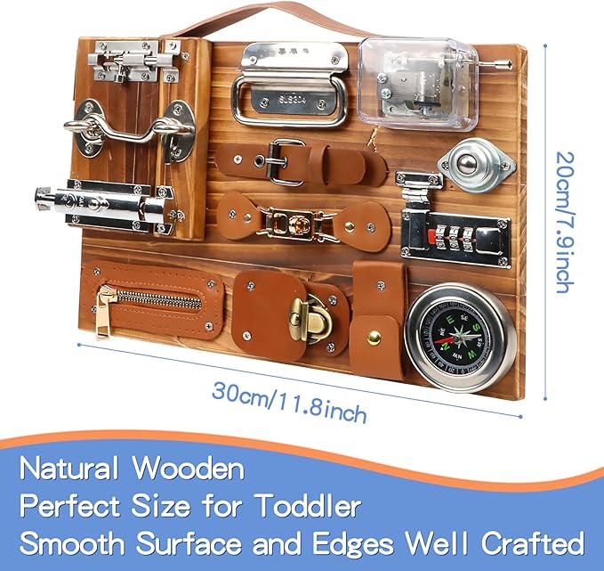 Busy Board for Toddlers, Travel Toy Fidget Board Activity Board for Fine Motor Skills, Wooden Busy Board Toys for 3 Years Old Boys & Girls with Switch, Locks, Music Box...
