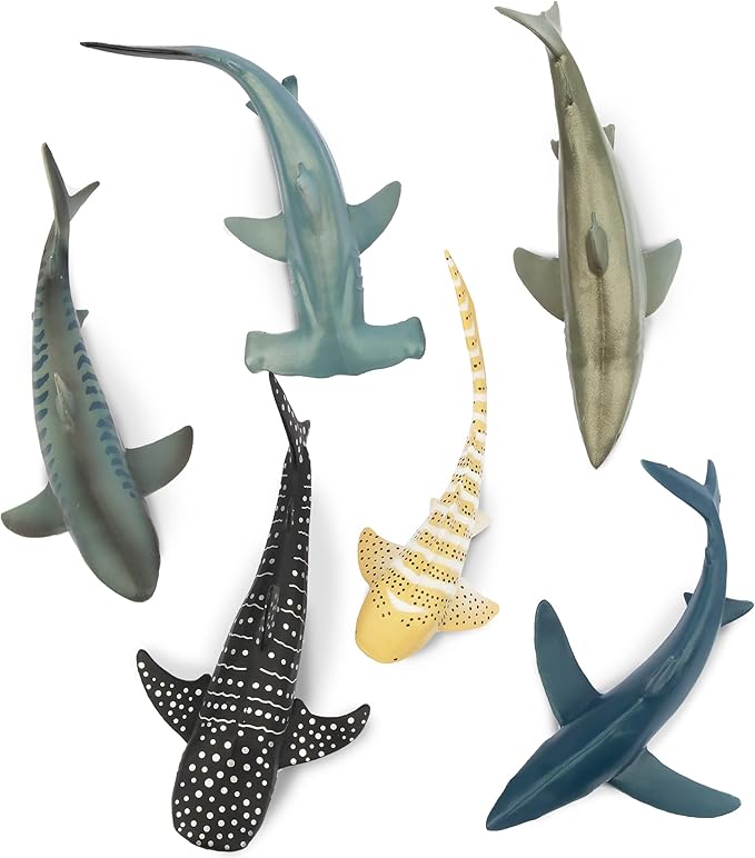 Toymany 6PCS 5-6" L Realistic Shark Bath Toy Figurines, Plastic Ocean Sea Animals Figures Set Includes Great White Shark Cake Toppers Christmas Birthday Gift for Kids Toddlers