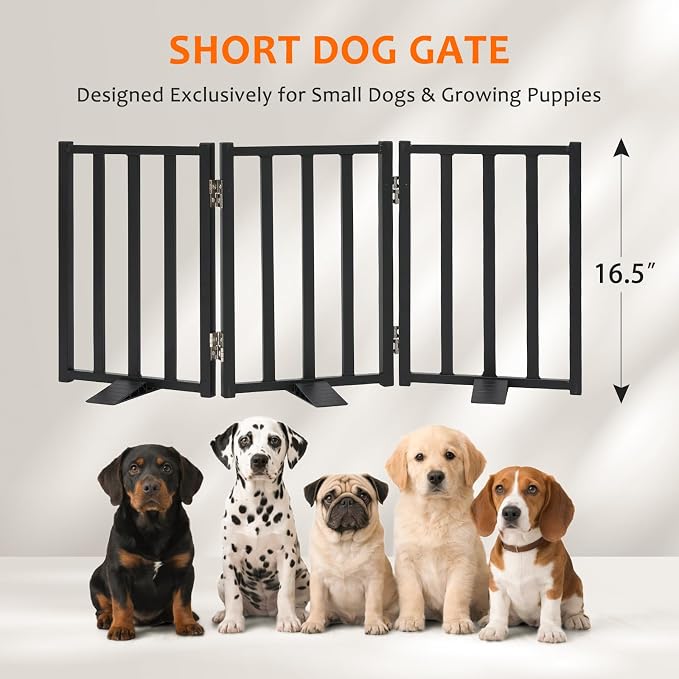 Snagle Paw Short Dog Gate,16.5" Tall Freestanding Metal Dog Gate Only for Small Dogs with Support Feet Easily Step Over,Up to 36" Wide Puppy Gate Indoor for Stairs,Doorways(Black,3 Panel)