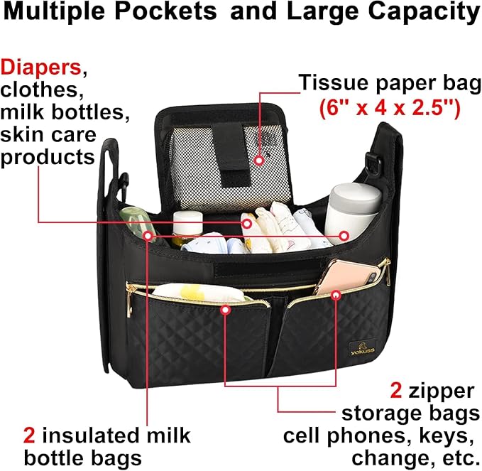 Universal Stroller Organizer Bag, Black Quilted Design with 2 Insulated Bottle Pockets, Multiple Storage Compartments, Tissue Holder, 6 x 4 x 2.5 Inches