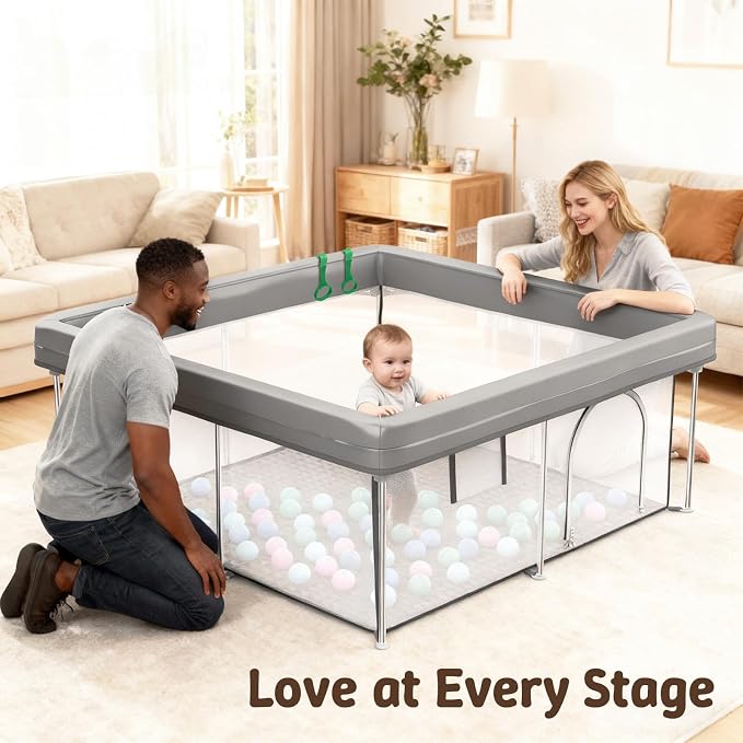 Foldable Baby Playpen, 50"×50" Collapsible Play Yard for Babies and Toddlers, No Assembly Required, Kids Safety Play Area with 4 Handles, 50 Balls and Visible Mesh, (Grey, 50x50 Inch)