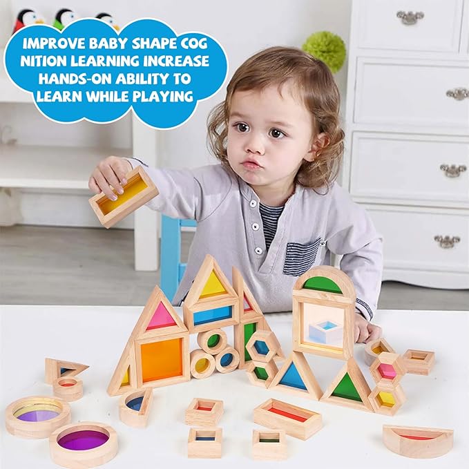 Agirlgle Wooden Rainbow Building Blocks for Kids 32 Pcs Rainbow Stacker Stacking Blocks Game Colorful Construction Toys Preschool Learning Educational Toys -Geometry Wooden Blocks for Boys & Girls