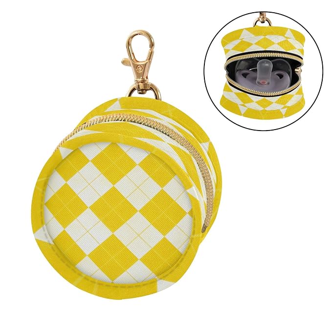 Pacifier Holder with Clip Pacifier Case for Diaper Bag Round Baby Pacifier Pouch Box Bag Portable Diamond Grid Bright Yellow
