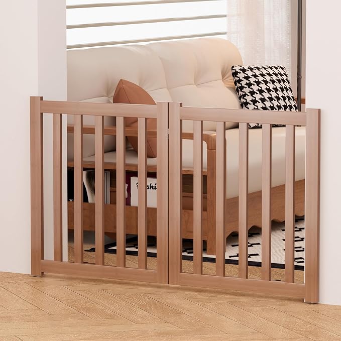 Wooden Freestanding Foldable Dog Gate, 24 Inch Height 2 Panel Pet Gate No Drill for Doorways Stairs, Fully Assembled Indoor Puppy Fence (Brown, 40" W x 24" H)