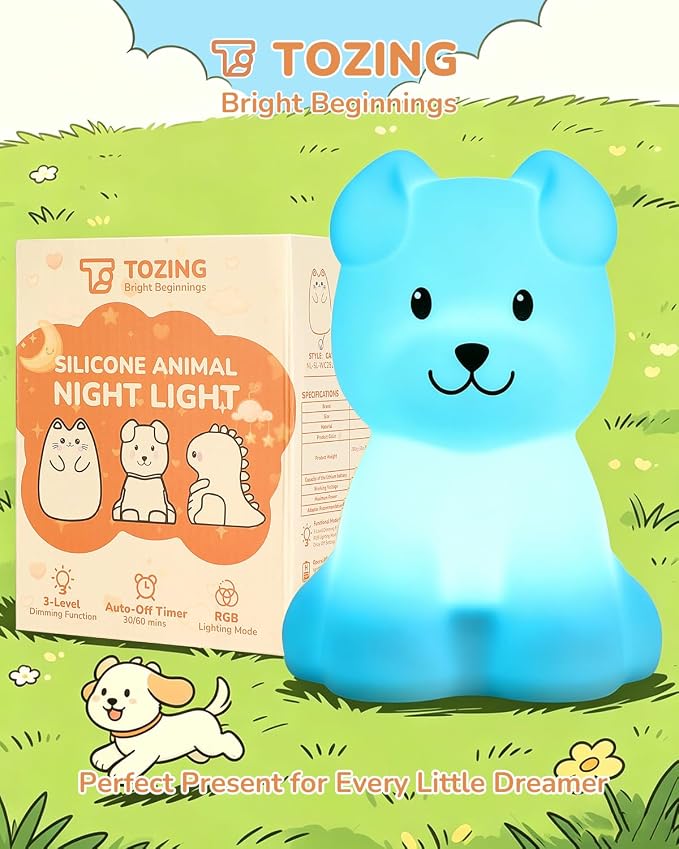 Night Light for Kids, LED Puppy Squishy Animal Lamp for Baby, Soft Silicone Dimmable Bedside Touch Light with Timer, Battery Rechargeable Nightlight Boys Gifts Toddler Room Decor