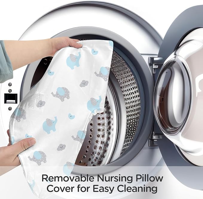 Little Grape Land Nursing Pillow for Breastfeeding, Soft and Supportive Breastfeeding Pillow for Mom and Baby, Cute Feeding Pillow with Removable Cover for 0–12 Months, Blue Elephant
