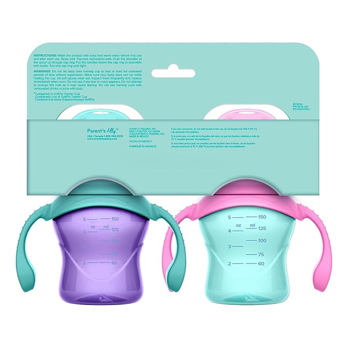Evenflo Balance+ Trainer Cup with Ultra Soft Spout, Purple & Mint with Pink & Teal Handles, 5oz, 2 Pack, for 6+ Months