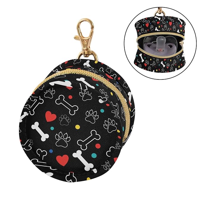 Paw Dog Hearts Black Pattern Pacifier Holder Case Newborn Pacifier Storage Pouch for Boys Girls Easy Attach to Diaper Bag Portable Baby Essentials Container