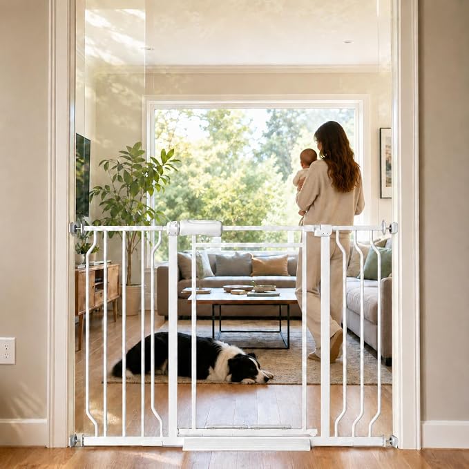 Clear Acrylic Baby Gate and Dog Gate, 29-57.5 in Wide, 30.5 in Tall Metal Frame Pressure Mounted Gate with Auto Close, Two-Way Walk-Through and Child-Resistant Lock, White