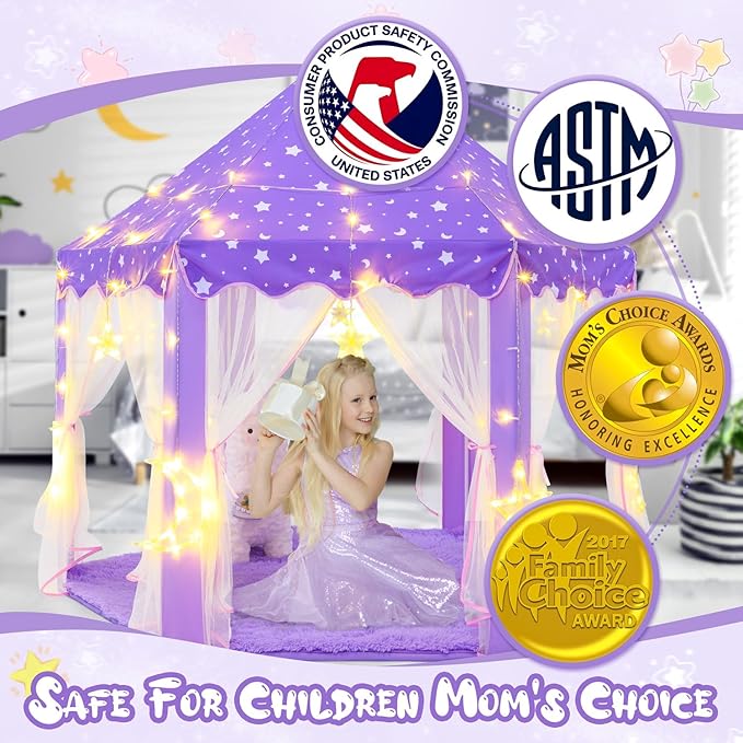 Princess Tent with Large Star Lights for Girls Age 4-7, Kids Play Tent for Indoor, Castle Playhouse for Toddlers, Purple Princess Toy 55x53 inch