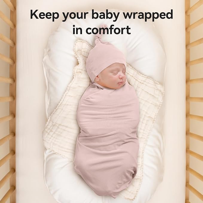 Rayon Made from Bamboo Newborn Swaddle Blanket Set with Matching Beanie, Super Soft Stretchy Baby Clothes Outfit for Girl Boy, Receiving Blankets Newborn Essentials, 47 x 47 Inch