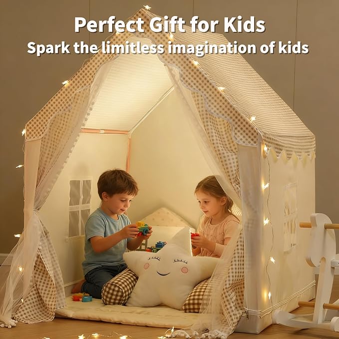 Kids Play Tent Children Tent with Star Lights & Mesh Curtains Indoor/Outdoor Playhouse for Boys and Girls Large Play Tent for Birthday Party & Secret Base Khaki