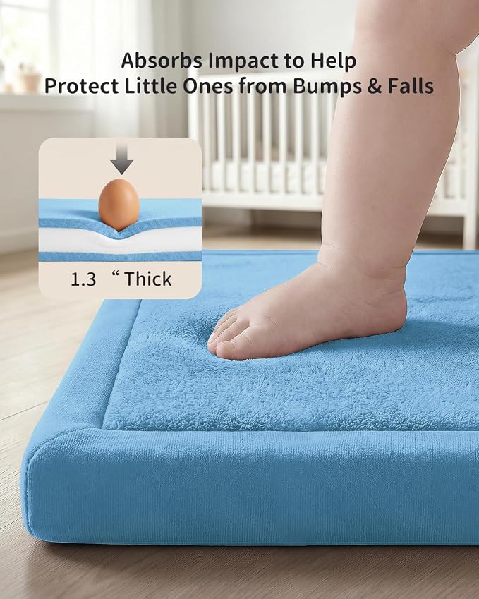 Goyuu Ultra Soft 1.3" Thick Baby Play Mat for Floor, 59x71 Playpen Mat Elasti-Foam Padded Crawling Mat for Babies, Toddlers, Infant, Kids, Non-Slip Backing Safe for Tummy Time Blue