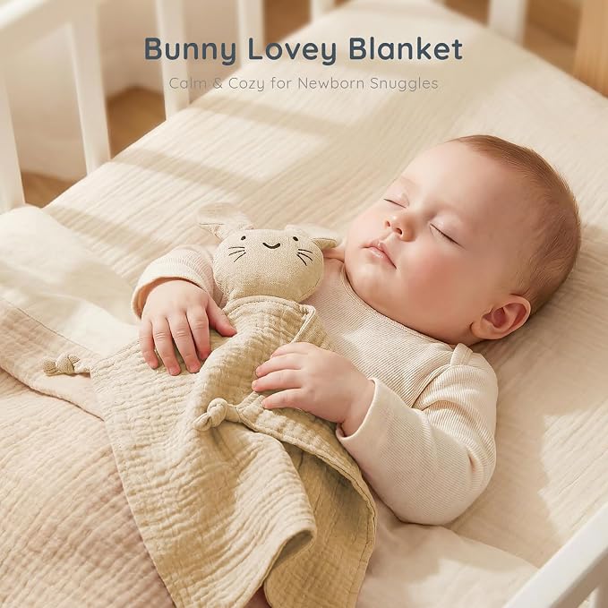 Organic Cotton Muslin Bunny Lovey Blanket, Soft & Breathable Security Blanket for Newborns, Unique Baby Gifts for Boys and Girls (Bunny-Khaki)