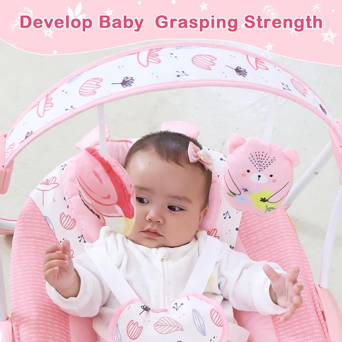 Baby Swing for Infants, Compact Foldable with 5 Speeds, Music & Soothing Vibration, Cute Floral Pattern Soft Cushion Seat,Timer & Removable Bar, Indoor Use, 0-9 Months (6-20 lbs) Pink