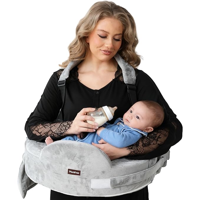 Nursing Pillow for Standing/Sitting Use- Springy Memory Foam for Support & Comfort, Large Breast Feeding Pillow - Safety Fence, Adjustable Waist Belt and Support Backrest, Removable Cover with Pocket