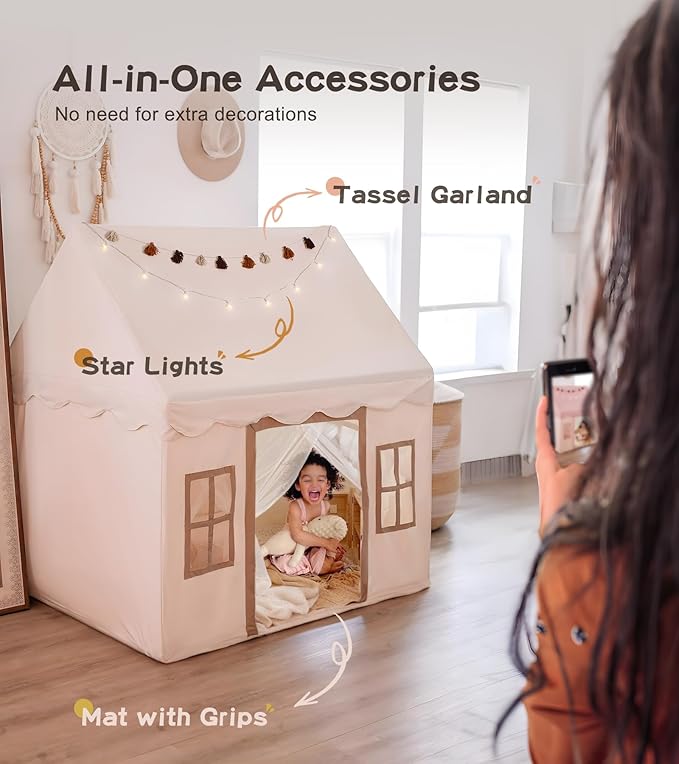 Play Tent with Mat, Star Light, Large Kids Playhouse with Windows Easy to Wash, Indoor and Outdoor Play Tents for Kids, Little Dove Toys for Girls, Boys, 52x35x52 (Beige Playhouse, Large Size)