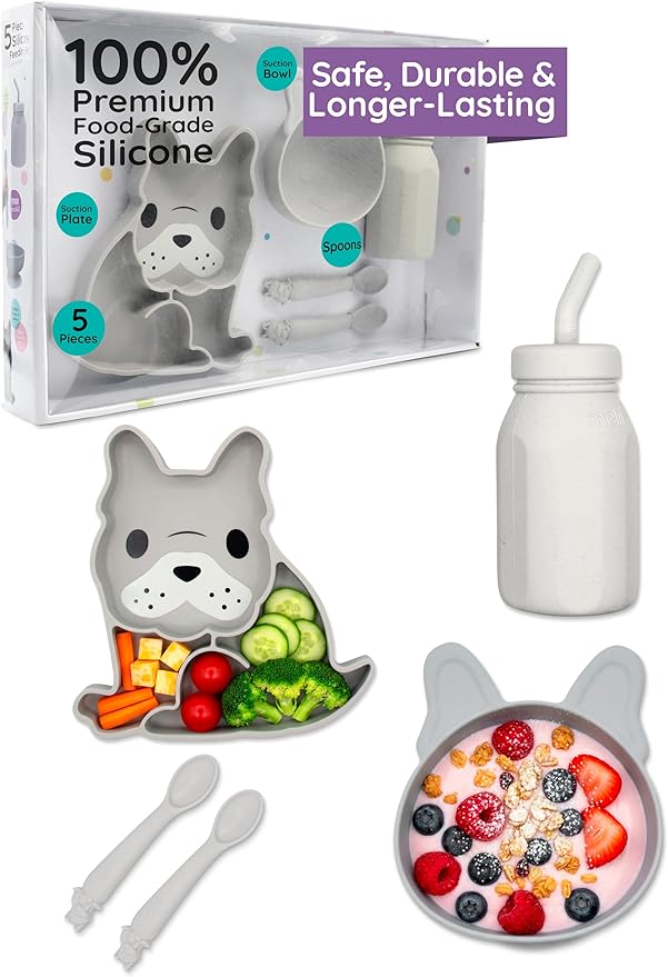 melii 5-Piece Silicone Baby Feeding Set | Divided Suction Plate, Suction Bowl, Straw Cup & Spoons, Food-Grade Silicone, BPA-Free, Dishwasher & Microwave Safe, BLW Toddler Set, Bulldog Design