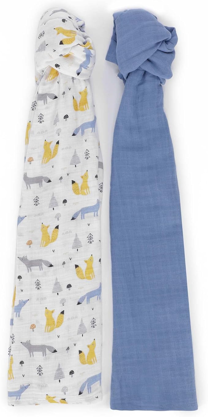 Featherhead??100% Cotton Muslin Swaddle Blankets for Baby Boy - Large 47?�x 47??- Pre-Washed, Soft, & Breathable - Newborn Essential & Perfect Baby Registry Gift (2 Pack - Blue Foxes)