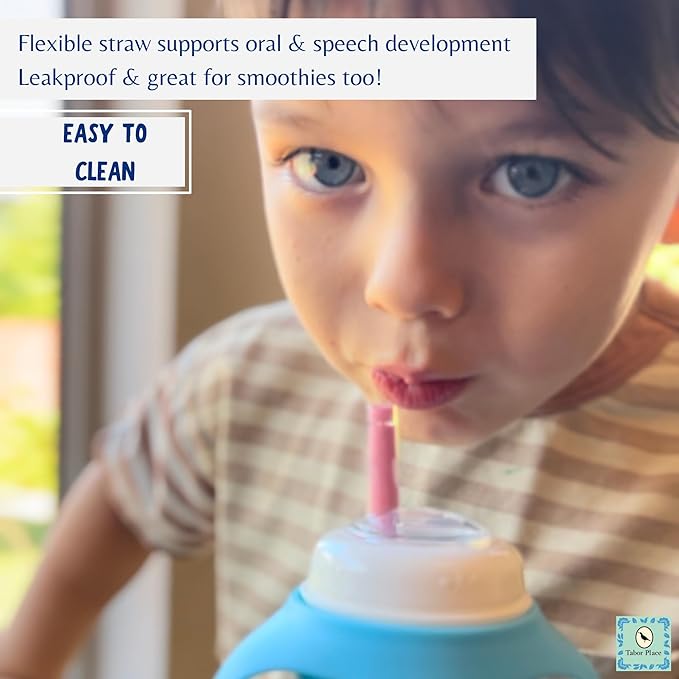 Tabor Place Set of 2 - Glass Sippy Cup for Toddlers - The Luca | Mint Green & Indigo Purple | Spill-Proof | Silicone Straw | 8 oz | Liquids Never Touch Plastic | Removable Handles…