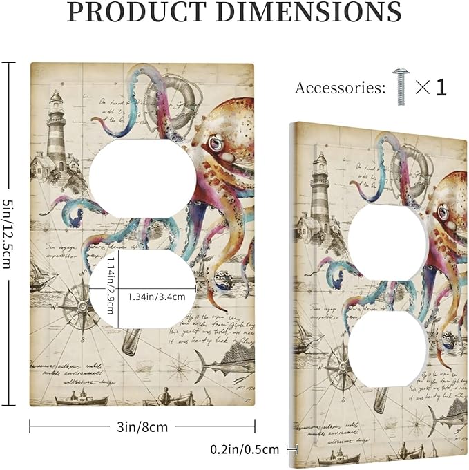 Cool Colorful Nautical Octopus Ocean Kraken Vintage Outlet Covers 1 Gang Duplex Light Switch Cover Decorative Switch Plates Electrical Receptacle Faceplate Wall Plate for Bathroom Farmhouse Decor