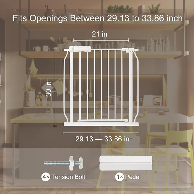 Narrow Baby Gate or Doorways No Drill 29.13-33.86 Inch,Pressure Mounted Metal Child Gates for Wide Openings,Walk Through Pet Gate Indoor Auto Close,White