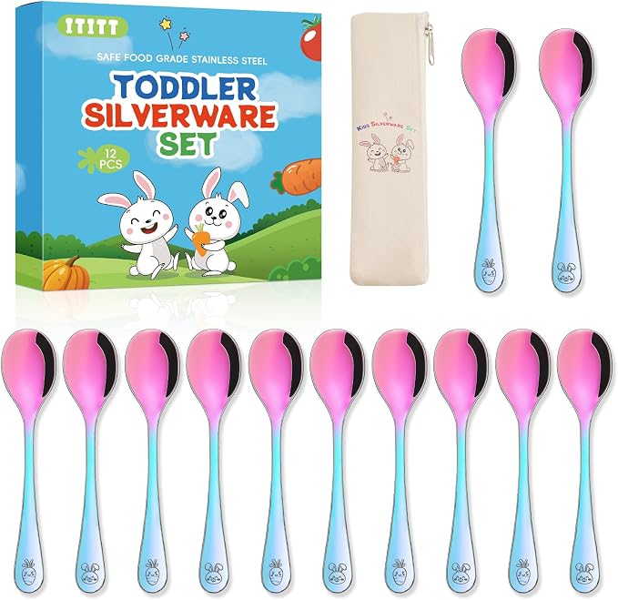 Stainless Steel Rainbow Toddler Spoons Set - 12 Pieces Food Grade Kids Spoons Set Safe Kids Silverware Children Small Spoon Metal Toddler Utensils Mirror Polished Sturdy and Durable Dishwasher Safe